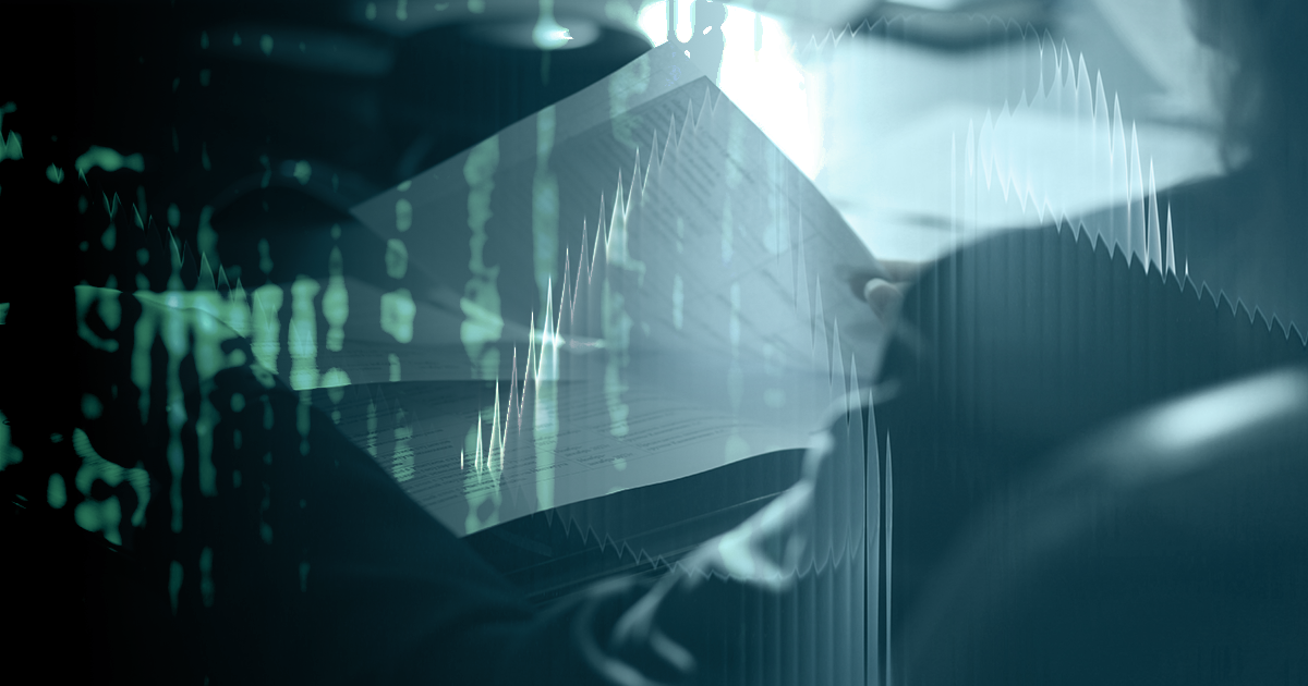 A person reviews papers at a deak with digital rain overlaid on the image.