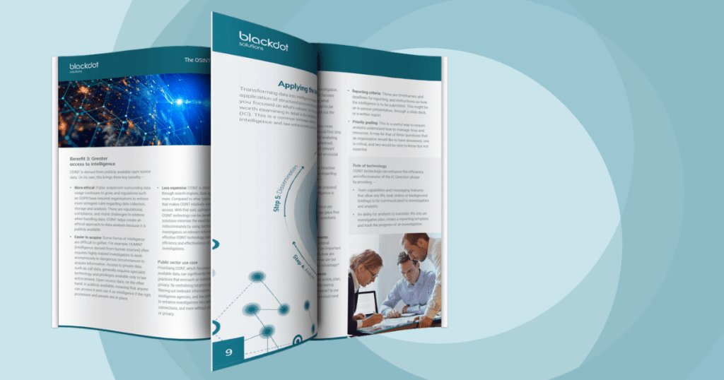 An image of the OSINT handbook open on a light blue background with a darker blue swirl.