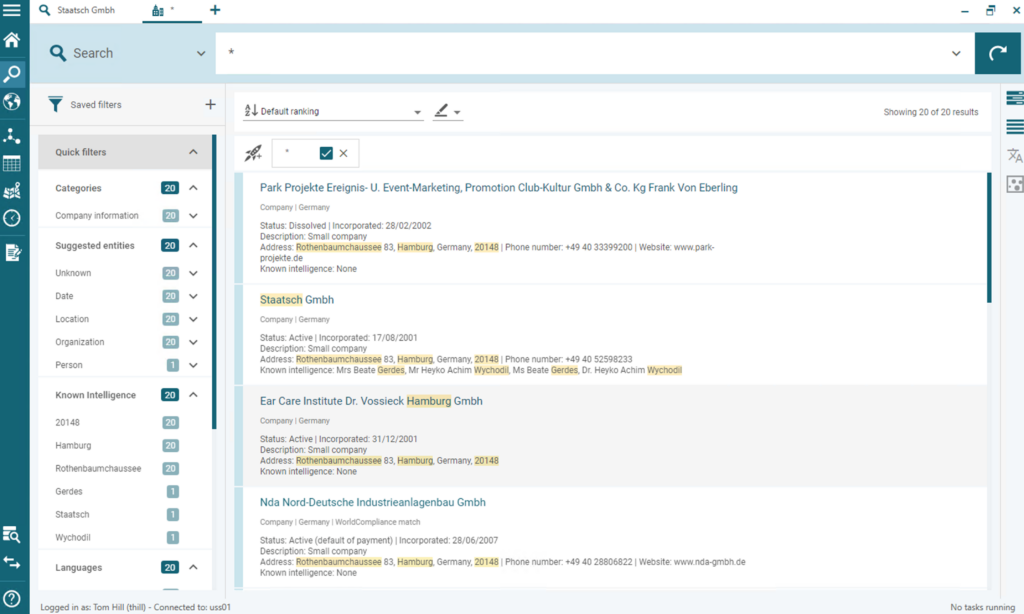 A corporate records search of companies registered to a specific address to aid our sanctions check. Information in results that is already in the chart is highlighted.