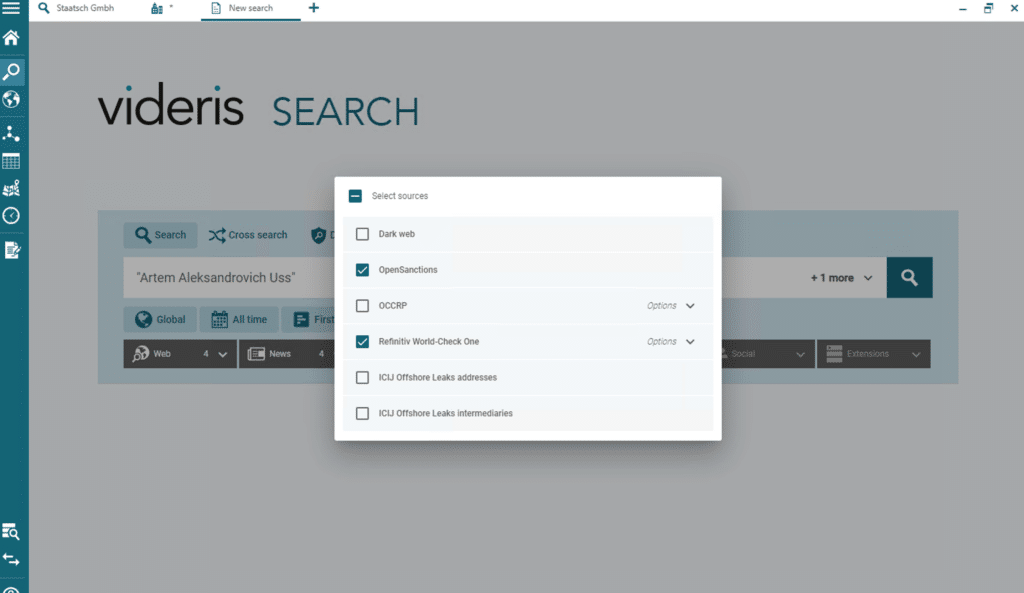 Selecting data sources on Videris search. Sanctions checks should use a wide variety of sources, but we are just selecting OpenSanctions and Refinitiv for now.