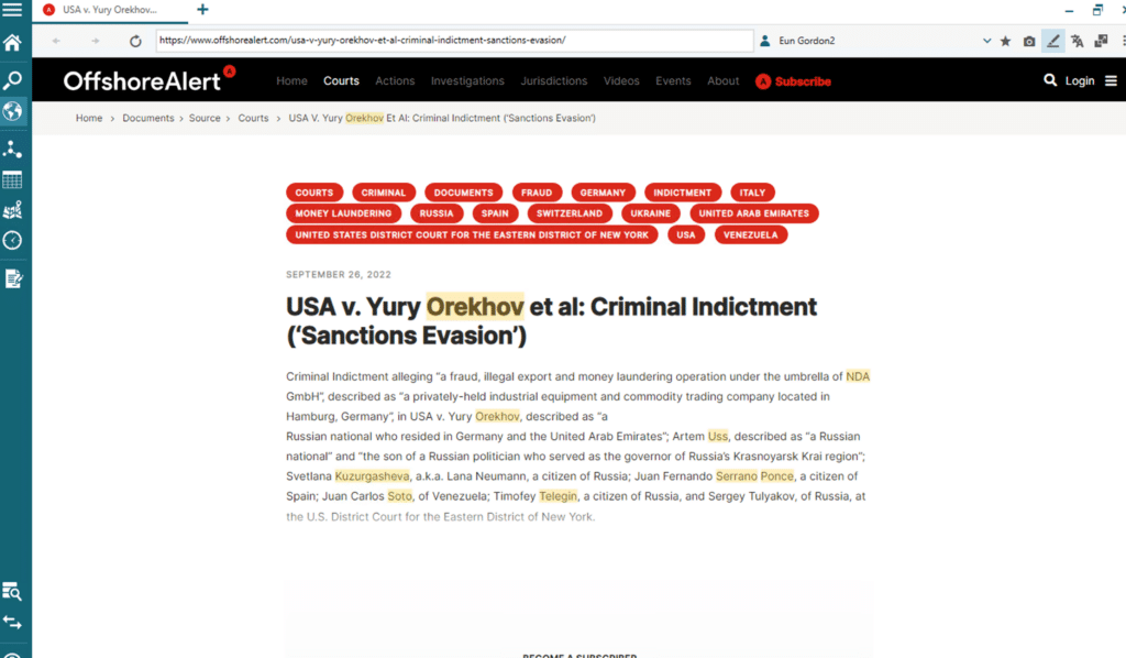 A browser result verifying sanctions breaches.