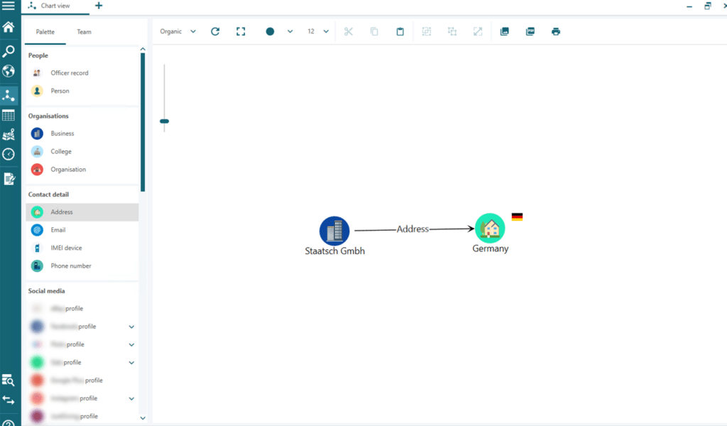An image showing the Videris chart visualisation. At the beginning our sanctions check, it only contains the company's name and country.