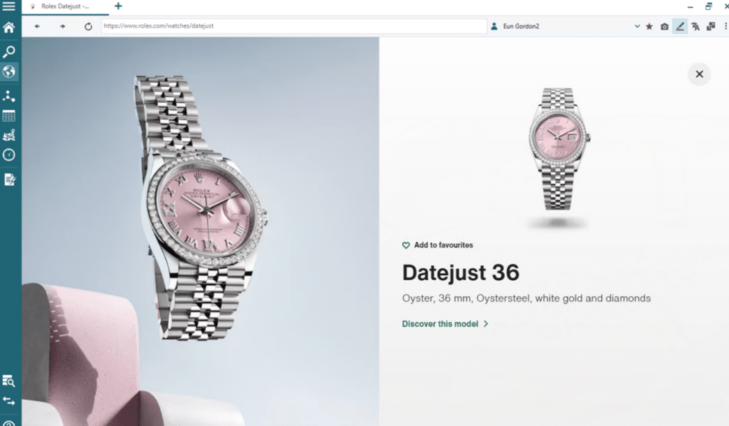 An image of the Videris browser on Rolex's website, showing the watch which will the be basis of our brand protection investigation.
