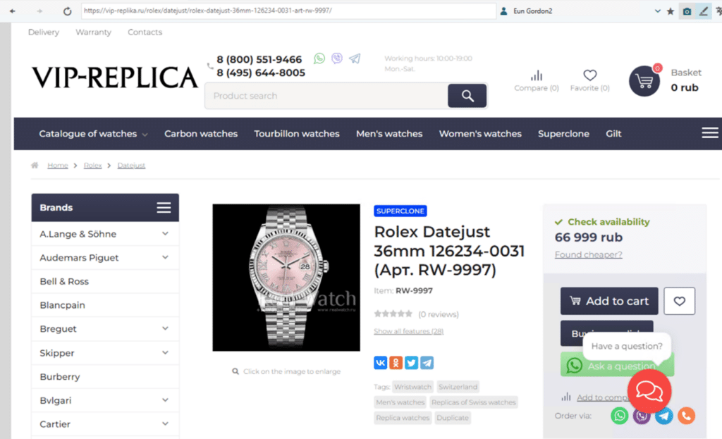 An image of a webpage selling a counterfeit Rolex watch, a clear risk to the brand.