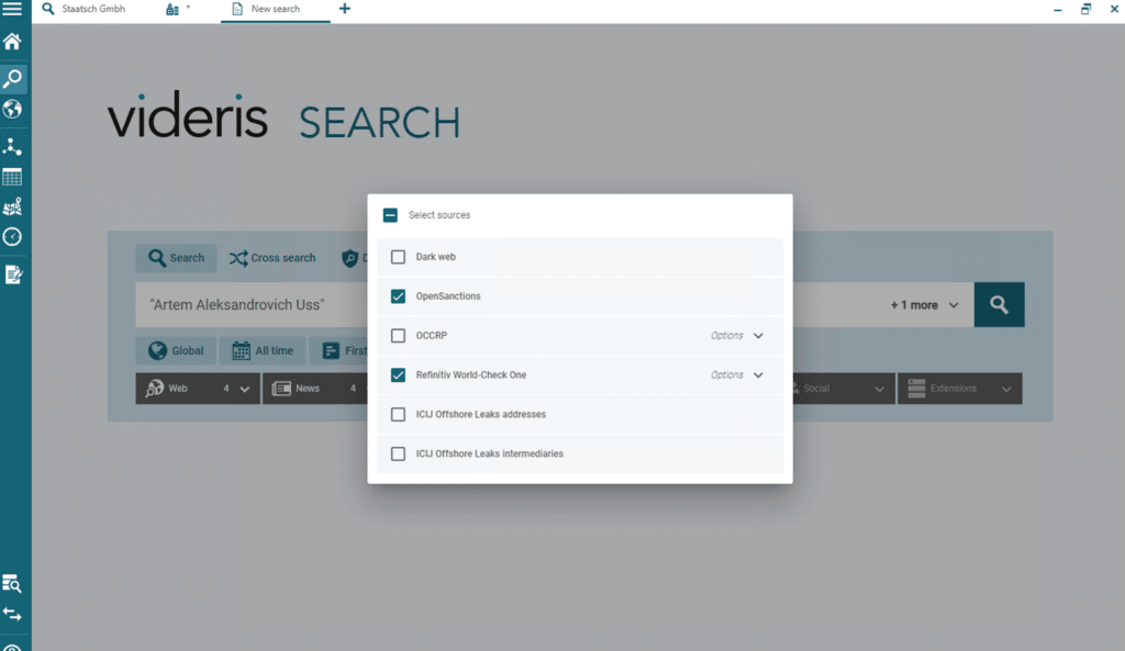 Selecting data sources on Videris search.